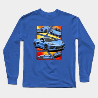 Multiple Angles of the Blue C8 Corvette Presented In A Bold Vibrant Panel Art Display Supercar Sports Car Racecar Rapid Blue Corvette C8 Long Sleeve T-Shirt